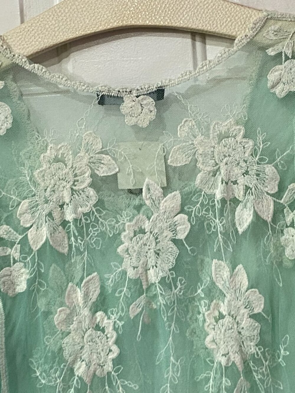 NEW BY TOGETHER Mesh Embroidered Top Blouse Tunic Long Sleeve Aqua/White - Picture 6 of 10